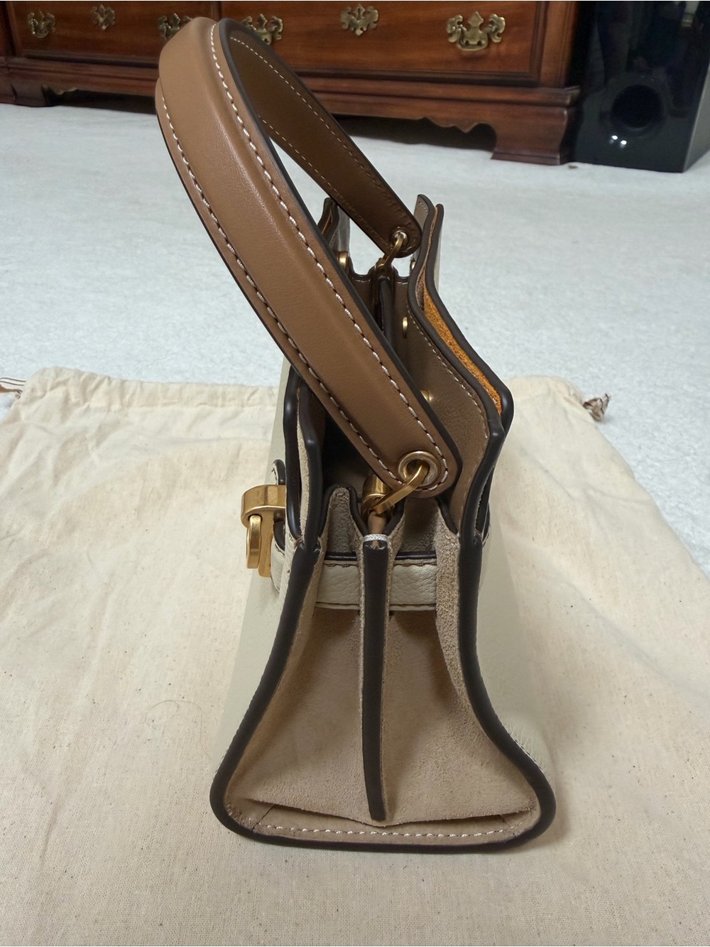 Tory Burch Leather Top-Handle Satchel in Cream and Brown - Picture 4 of 9
